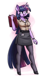 Size: 924x1600 | Tagged: safe, artist:king-kakapo, twilight sparkle, anthro, unguligrade anthro, g4, belt, book, clothes, cute, female, high heels, horn, mare, mary janes, miniskirt, pantyhose, shoes, side slit, simple background, skirt, white background