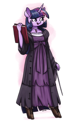 Size: 924x1600 | Tagged: safe, artist:king-kakapo, twilight sparkle, anthro, g4, book, clothes, female, simple background, smiling, wand