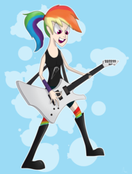 Size: 2281x3000 | Tagged: safe, artist:moonatik, rainbow dash, human, g4, armband, boots, clothes, female, guitar, heavy metal, high res, human coloration, humanized, loss (meme), metal, metallica, musical instrument, playing, ponytail, rainbow socks, shoes, socks, solo, striped socks