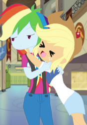 Size: 413x591 | Tagged: safe, artist:appledashian, artist:faithydash, applejack, rainbow dash, equestria girls, g4, :<, female, freshman fair, lesbian, ship:appledash, shipping