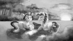 Size: 3384x1909 | Tagged: safe, artist:misstwipietwins, pinkie pie, twilight sparkle, pony, g4, female, lesbian, looking at each other, missing cutie mark, monochrome, picnic, prone, scenery, ship:twinkie, shipping, smiling