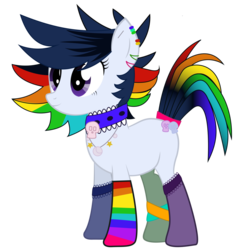 Size: 1024x1039 | Tagged: safe, artist:drarkusss0, oc, oc only, oc:pop candy (ice1517), earth pony, pony, icey-verse, anklet, choker, christmas, christmas stocking, clothes, commission, ear piercing, earring, female, holiday, jewelry, magical lesbian spawn, mare, mismatched socks, necklace, next generation, offspring, parent:inky rose, parent:moonlight raven, parents:inkyraven, piercing, rainbow hair, rainbow socks, simple background, socks, solo, striped socks, transparent background, vector