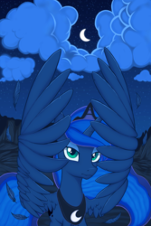 Size: 2664x4000 | Tagged: safe, artist:kas92, princess luna, alicorn, pony, g4, cloud, crescent moon, female, looking at you, mare, moon, night, solo