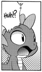 Size: 309x525 | Tagged: safe, artist:aoi takayuki, edit, spike, dragon, comic:pony love 2, g4, cropped, doujin, explicit source, male, monochrome, reaction image, solo, surprised, translation