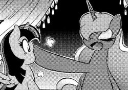 Size: 455x320 | Tagged: safe, artist:aoi takayuki, princess luna, twilight sparkle, alicorn, pony, comic:pony love 2, g4, annoyed, boop, cropped, doujin, explicit source, eyes closed, female, lesbian, mare, monochrome, ship:twiluna, shipping, translation, twilight sparkle (alicorn)