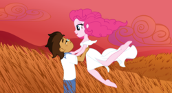 Size: 3219x1740 | Tagged: safe, artist:nstone53, pinkie pie, oc, oc:copper plume, equestria girls, g4, a goofy movie, barefoot, beautiful, bedroom eyes, canon x oc, clothes, commission, commissioner:imperfectxiii, copperpie, dress, feet, freckles, glasses, lidded eyes, lifting, neckerchief, pants, shirt, spring, spring dress, summer, summer dress, sundress, wheat field, white dress, windswept mane