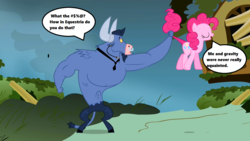 Size: 1280x720 | Tagged: safe, edit, edited screencap, screencap, iron will, pinkie pie, minotaur, g4, putting your hoof down, season 2, bipedal, cartoon physics, censored vulgarity, confused, eyes closed, fluttershy's cottage, grawlixes, in which pinkie pie forgets how to gravity, necktie, nose piercing, nose ring, piercing, pinkie being pinkie, pinkie physics, septum piercing, shocked, speech bubble, text