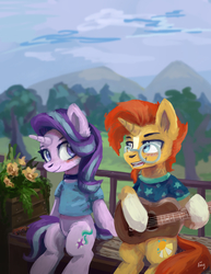 Size: 1024x1324 | Tagged: safe, artist:ami-gami, starlight glimmer, sunburst, pony, unicorn, g4, blushing, choker, clothes, female, guitar, male, mare, ship:starburst, shipping, shirt, singing, smiling, stallion, straight