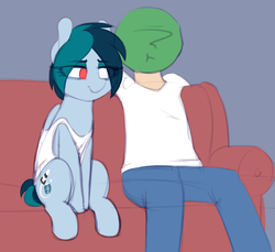 Size: 1158x1061 | Tagged: safe, artist:shinodage, oc, oc only, oc:anon, oc:delta vee, human, pegasus, pony, anon's couch, clothes, couch, duo, female, human male, male, mare, sitting