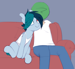 Size: 1160x1062 | Tagged: safe, artist:shinodage, oc, oc only, oc:anon, oc:delta vee, human, pegasus, pony, anon's couch, clothes, couch, duo, female, human male, male, mare, sitting