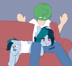 Size: 1159x1061 | Tagged: safe, artist:shinodage, oc, oc only, oc:anon, oc:delta vee, human, pegasus, pony, anon's couch, behaving like a dog, clothes, couch, duo, female, human male, lying on top of someone, male, mare, pomf, sitting