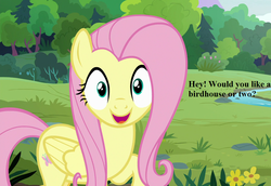 Size: 1024x704 | Tagged: safe, edit, edited screencap, editor:korora, screencap, fluttershy, fluttershy leans in, g4, bronybait, cropped, cute, forest, looking at you, river, shyabetes, smiling, text