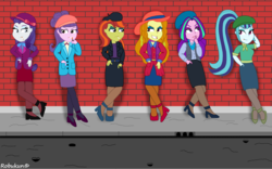 Size: 4000x2500 | Tagged: safe, artist:robukun, adagio dazzle, aria blaze, rarity, sonata dusk, suri polomare, oc, oc:miss rary, oc:rougher, equestria girls, g4, alley, beret, brick wall, cigarette, clothes, female, gangster, gutter, hanging out, hat, high heels, humanized, looking at each other, looking at someone, pantyhose, ponytail, pothole, serious, serious face, shoes, sidewalk, skirt, smiling, smirk, smoking, the dazzlings, thug, thug life