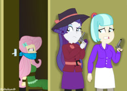 Size: 3500x2500 | Tagged: safe, artist:robukun, coco pommel, fluttershy, rarity, equestria girls, g4, bondage, bound and gagged, chair, cloth gag, detective, detective rarity, equestria girls-ified, gag, gun, handgun, high res, revolver, tied up, weapon