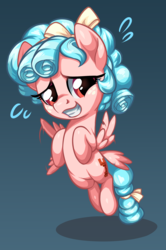Size: 1621x2442 | Tagged: safe, artist:moonseeker, cozy glow, pegasus, pony, g4, bow, female, filly, flapping, grin, nervous, nervous smile, simple background, smiling, solo