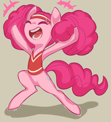 Size: 1177x1297 | Tagged: safe, artist:moonseeker, pinkie pie, earth pony, pony, g4, bipedal, cheerleader, clothes, cute, diapinkes, eyes closed, female, headband, open mouth, pinktails pie, solo