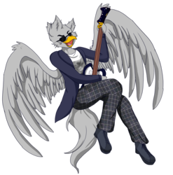 Size: 4981x5041 | Tagged: safe, artist:mscolorsplash, oc, oc:silver streak, griffon, anthro, absurd resolution, clothes, commission, commissioner:alkonium, cosplay, costume, doctor who, guitar, hoodie, simple background, solo, sunglasses, tartan, transparent background, twelfth doctor