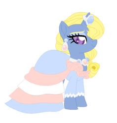 Size: 544x574 | Tagged: safe, artist:lavender-doodles, oc, oc only, oc:azure/sapphire, pony, g4, my little pony: friendship is magic, simple ways, clothes, crossdressing, dress, ear piercing, earring, frills, gem, heart eyes, horn, horn ring, jewelry, looking at you, makeup, piercing, simple background, solo, white background, wingding eyes