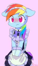 Size: 1377x2365 | Tagged: safe, artist:yunyeyoung, rainbow dash, pegasus, pony, g4, bipedal, blushing, bow, clothes, cute, dashabetes, female, floppy ears, maid, mare, no pupils, pink background, rainbow dash always dresses in style, rainbow maid, simple background, solo