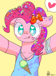 Size: 2000x2746 | Tagged: safe, artist:yunyeyoung, pinkie pie, earth pony, semi-anthro, g4, armpits, bow, candy, clothes, cute, diapinkes, female, food, heart eyes, high res, ice cream, jewelry, lollipop, necklace, pictogram, solo, tank top, wingding eyes