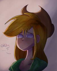 Size: 2520x3150 | Tagged: safe, artist:drawbauchery, artist:reijnders, color edit, edit, applejack, human, g4, bust, colored, female, freckles, high res, humanized, solo, text