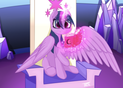 Size: 7000x5000 | Tagged: safe, artist:those kids in the corner, twilight sparkle, alicorn, pony, g4, absurd resolution, book, castle, confused, crystal, cutie mark, female, friendship throne, horn, magic, sitting, solo, spellbook, symbol, throne, twilight sparkle (alicorn), wings