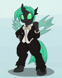Size: 1000x1252 | Tagged: safe, artist:dudey64, oc, oc only, oc:speculo, changeling, anthro, fallout equestria, clothes, green changeling, solo, tuxedo