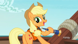 Size: 1920x1080 | Tagged: safe, screencap, applejack, earth pony, pony, g4, ppov, butt, discovery family logo, female, lifejacket, looking back, plot, ship, smiling, solo, telescope