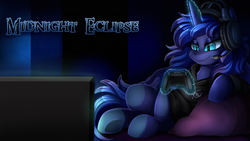 Size: 2560x1440 | Tagged: safe, artist:pridark, oc, oc only, oc:midnight eclipse, pony, clothes, commission, female, glowing horn, headset, horn, magic, mare, smiling, solo, television, video game