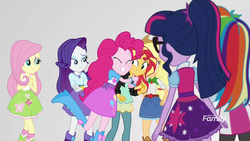 Size: 1280x720 | Tagged: safe, screencap, applejack, fluttershy, pinkie pie, rainbow dash, rarity, sci-twi, sunset shimmer, twilight sparkle, equestria girls, equestria girls specials, g4, mirror magic, discovery family logo, female, geode of fauna, geode of shielding, geode of super strength, hug, humane five, humane seven, humane six, mirror world, ponytail, sci-twi outfits, smiling