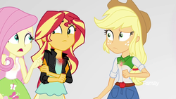 Size: 1280x720 | Tagged: safe, screencap, applejack, fluttershy, sunset shimmer, equestria girls, equestria girls specials, g4, mirror magic, discovery family logo, female, geode of empathy, geode of fauna, geode of super strength, glowing, mirror world