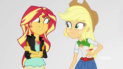 Size: 1280x720 | Tagged: safe, screencap, applejack, sunset shimmer, equestria girls, equestria girls specials, g4, mirror magic, discovery family logo, female, geode of empathy, geode of super strength, glowing, glowing geodes, mirror world