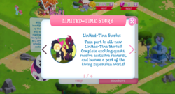 Size: 1024x553 | Tagged: safe, gameloft, cup cake, rarity, songbird serenade, tempest shadow, g4, my little pony: the movie, bits, game screencap, gem, limited-time story, pixelated, ruins, sugarcube corner, text