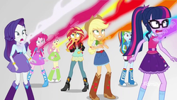 Size: 1280x720 | Tagged: safe, screencap, applejack, fluttershy, pinkie pie, rainbow dash, rarity, sci-twi, sunset shimmer, twilight sparkle, equestria girls, equestria girls specials, g4, my little pony equestria girls: mirror magic, discovery family logo, female, geode of empathy, geode of fauna, geode of shielding, geode of sugar bombs, geode of super speed, geode of super strength, geode of telekinesis, glasses, glowing geodes, humane five, humane seven, humane six, magic drain, magical geodes, mirror world, not good, oh no, ponytail, scared, sci-twi outfits, uh oh, worried