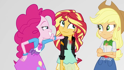 Size: 1280x720 | Tagged: safe, screencap, applejack, pinkie pie, sunset shimmer, equestria girls, equestria girls specials, g4, mirror magic, female, geode of empathy, geode of sugar bombs, geode of super strength, glowing, mirror world, out of context