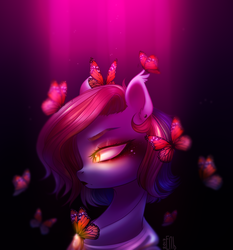 Size: 1861x2000 | Tagged: safe, artist:rappy-yum, oc, oc only, butterfly, pony, bust, ear piercing, earring, eyeshadow, female, glowing eyes, jewelry, lipstick, makeup, piercing, signature, slit pupils, solo