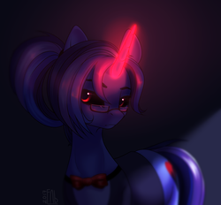 Size: 1933x1793 | Tagged: safe, artist:rappy-yum, oc, oc only, pony, unicorn, black sclera, bow, bowtie, clothes, female, glasses, glowing horn, horn, magic, ponytail, red eyes, solo