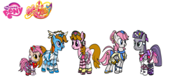 Size: 6400x3072 | Tagged: safe, artist:omegaridersangou, maud pie, patch (g1), ribbon (g1), shady, sundance, earth pony, pegasus, pony, unicorn, g1, g4, my little pony tales, clothes, cosplay, costume, crossover, cure amour, cure ange, cure etoile, cure ma chérie, cure yell, female, filly, foal, folded wings, g1 to g4, generation leap, horn, hugtto precure, mare, my little pony logo, precure, pretty cure, simple background, white background, wings