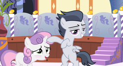 Size: 2864x1536 | Tagged: safe, artist:jawsandgumballfan24, rumble, sweetie belle, pegasus, pony, unicorn, g4, blushing, colt, cute, female, filly, male, ponyville spa, ship:rumbelle, shipping, smug, spa, straight