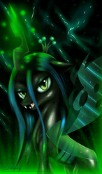 Size: 3200x5472 | Tagged: safe, artist:darksly, queen chrysalis, changeling, changeling queen, g4, crown, female, glowing horn, horn, jewelry, looking at you, regalia, solo, wallpaper