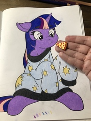 Size: 4032x3024 | Tagged: safe, artist:latecustomer, twilight sparkle, human, g4, blushing, clothes, colored pencil drawing, coloring book, confused, food, frown, hand, meat, oversized clothes, pepperoni, pepperoni pizza, photo, pizza, sweater, traditional art
