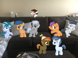 Size: 4032x3024 | Tagged: safe, artist:jawsandgumballfan24, button mash, chipcutter, first base, pipsqueak, rumble, shady daze, skeedaddle, tender taps, earth pony, pegasus, pony, unicorn, g4, buttonbetes, colt, couch, cute, foal, framed photo, irl, living room, magazine, male, photo, pillow, ponies in real life, rumblebetes, squeakabetes, tendaww taps, tissue