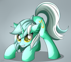 Size: 2000x1750 | Tagged: safe, artist:orangejuicerus, lyra heartstrings, pony, unicorn, g4, cute, downward dog, ear fluff, excited, female, lyrabetes, simple background, smiling, solo