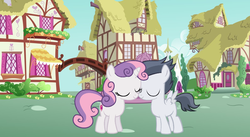 Size: 1205x659 | Tagged: safe, artist:jawsandgumballfan24, rumble, sweetie belle, pegasus, pony, unicorn, g4, awww, colt, cute, eyes closed, female, filly, male, nuzzling, ponyville, rumblebetes, ship:rumbelle, shipping, spread wings, straight, wings