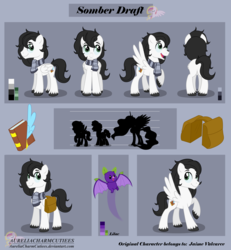 Size: 5400x5834 | Tagged: safe, artist:raspberrystudios, party favor, princess celestia, oc, oc only, oc:somber draft, bat, fruit bat, pegasus, pony, g4, absurd resolution, book, clothes, commission, cutie mark, female, pose, quill, reference sheet, saddle bag, scarf, solo