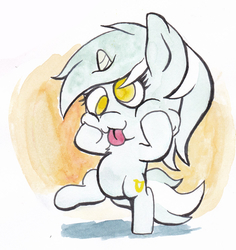 Size: 1404x1486 | Tagged: safe, artist:lost marbles, lyra heartstrings, pony, unicorn, g4, derp face, female, silly, silly pony, simple background, solo, tongue out, traditional art, white background