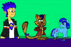 Size: 1800x1200 | Tagged: safe, artist:horsesplease, capper dapperpaws, flash sentry, party favor, cat, pony, equestria girls, g4, my little pony: the movie, angry, annoyed, chest fluff, crossover, crying, garfield, garfielf, june 19, male, paint tool sai, sad, scared, smiling, smirk, style emulation, this will end in pain