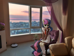 Size: 2560x1920 | Tagged: safe, artist:tomatocoup, edit, bon bon, sweetie drops, earth pony, anthro, plantigrade anthro, g4, adorabon, city, clothes, couch, crying, cute, dress, evening, female, irl, photo, photoshop, ponies in real life, room, roomba, russia, sad, sadorable, school uniform, shoes, sitting, skirt, soviet, soviet school uniform, vladivostok, window, young pioneer