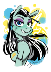 Size: 900x1273 | Tagged: safe, artist:yyhands, monster pony, pony, abstract background, crossover, ear piercing, earring, eyeshadow, female, frankenstein's monster, frankie stein, heterochromia, jewelry, looking at you, makeup, mare, monster high, piercing, ponified, smiling, solo, stitched body, stitches