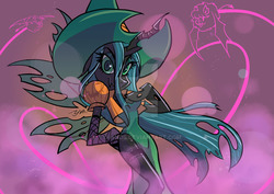Size: 1024x724 | Tagged: safe, artist:yyhands, queen chrysalis, oc, oc only, oc:fluffle puff, bat, changeling, changeling queen, anthro, abstract background, arm hooves, clothes, dress, female, fishnet stockings, garter belt, halloween, hat, holiday, looking at you, obtrusive watermark, partial hem, side slit, solo, total sideslit, watermark, witch, witch hat